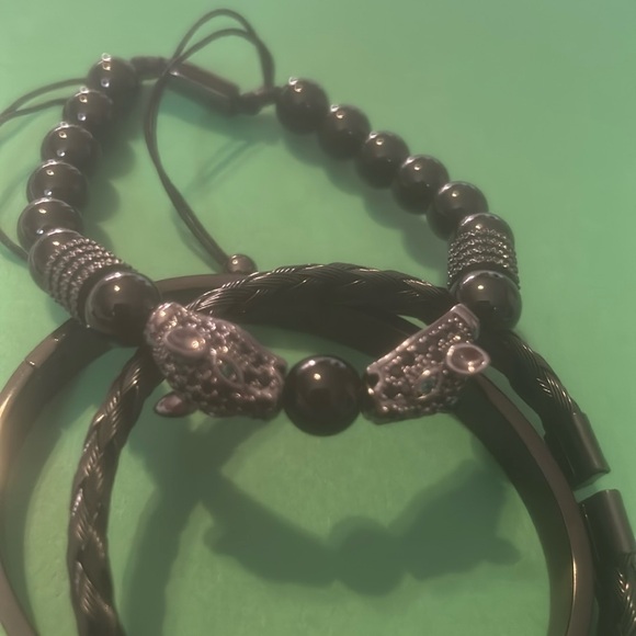 New 3PCS Mens Premium Black Agate Beaded Bracelet Set - Picture 8 of 12